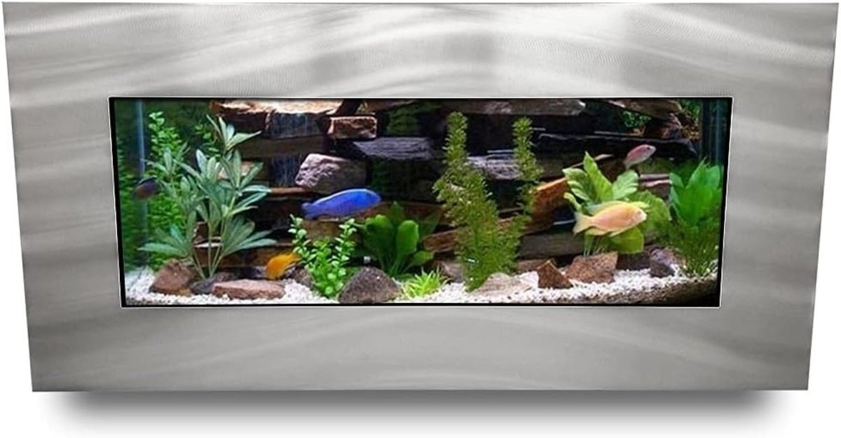Fish tank with aquatic plants and fish on a white background