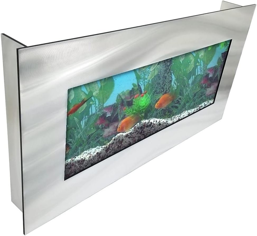 Modern aquarium with fish and plants inside a metallic frame on a white background