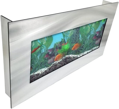 Modern aquarium with fish and plants inside a metallic frame on a white background