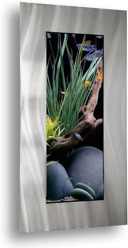 Decorative metal panel with nature-themed design featuring plants, stones, and a dragonfly.