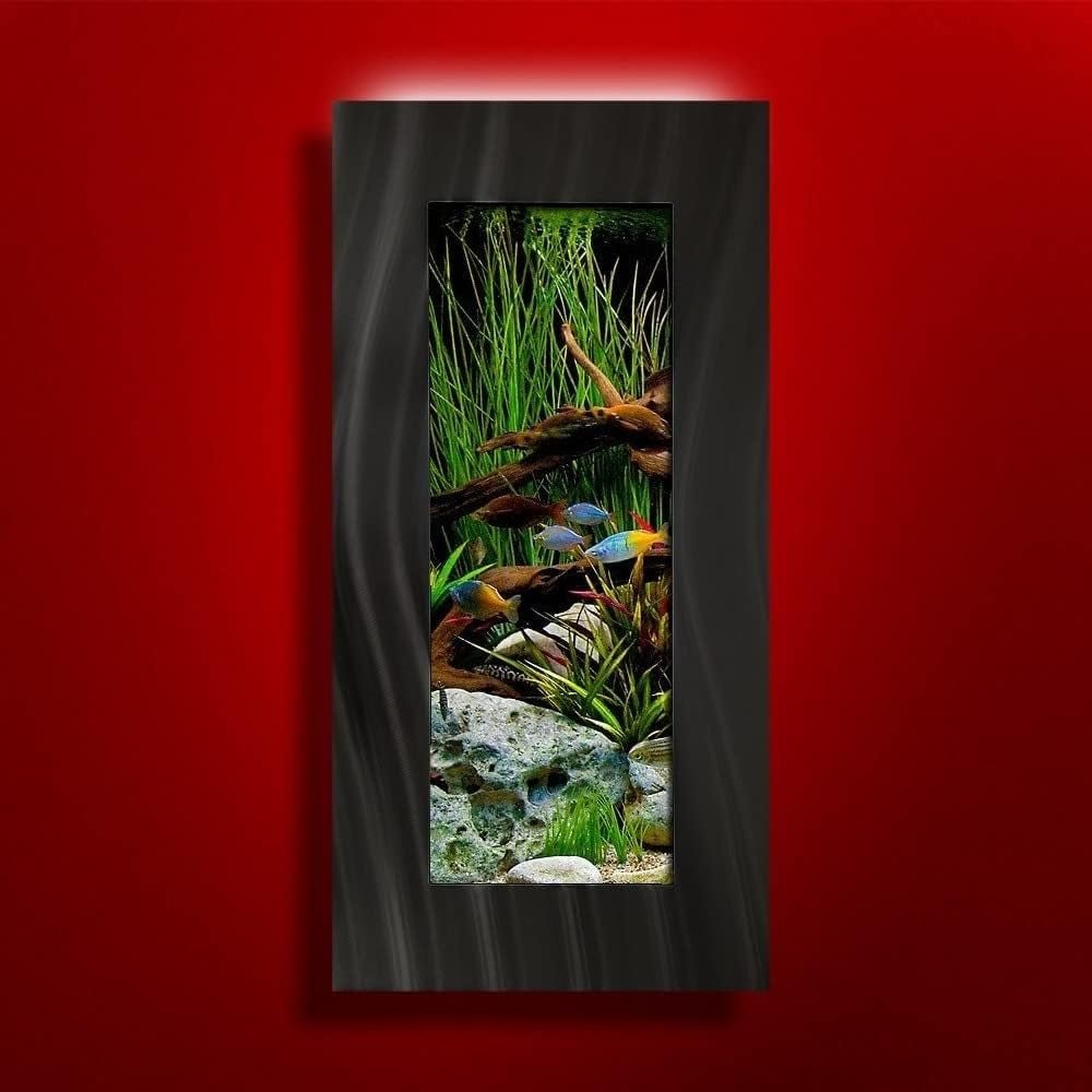 Framed aquarium picture with fish and plants on a red background