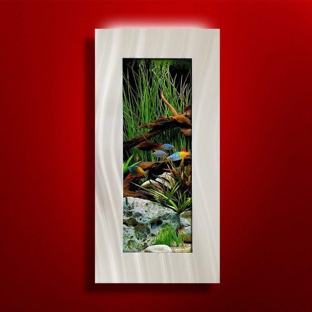 Framed artwork of an aquarium scene with fish and plants on a red background