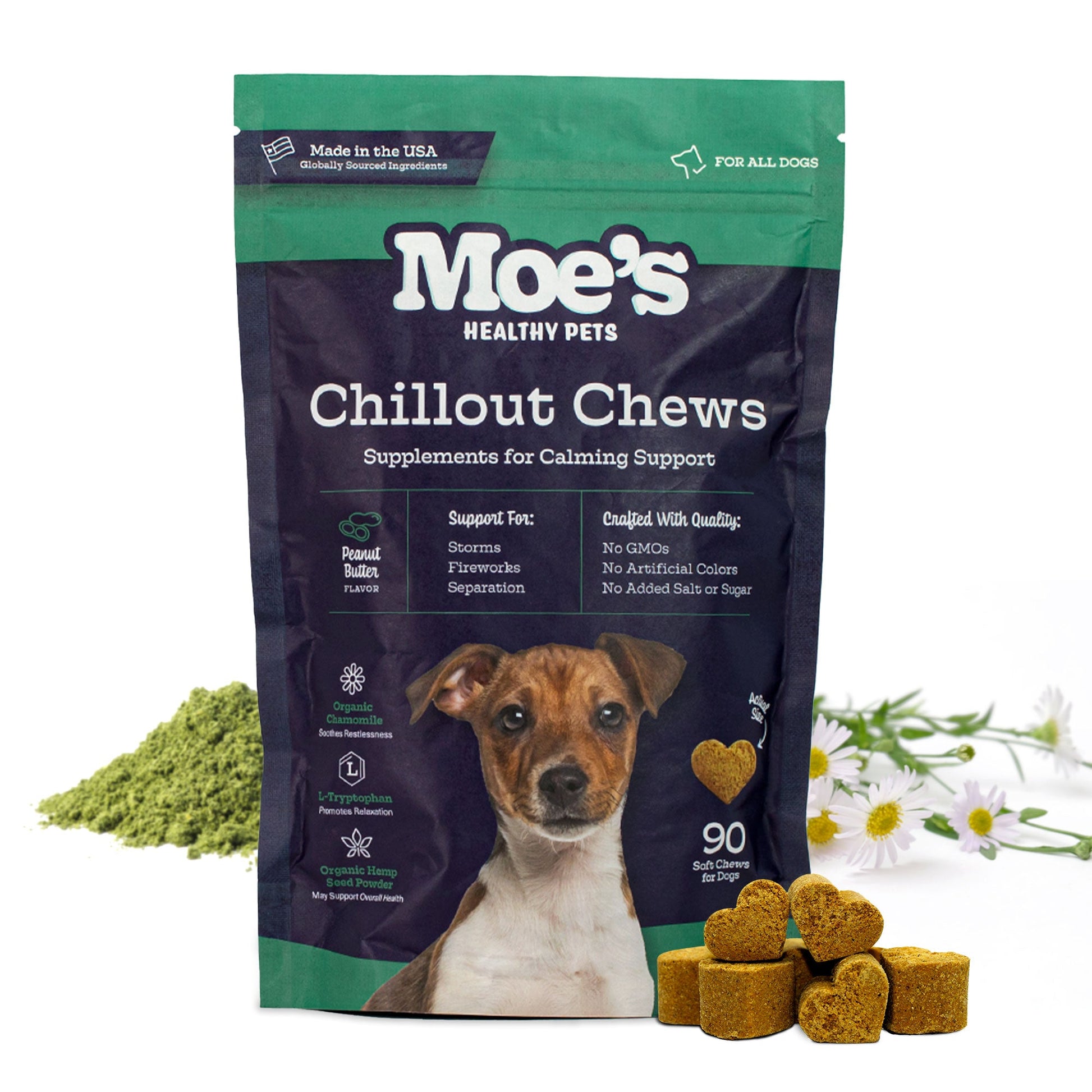 Package of Moe's Healthy Pets Chillout Chews with a dog on the packaging.