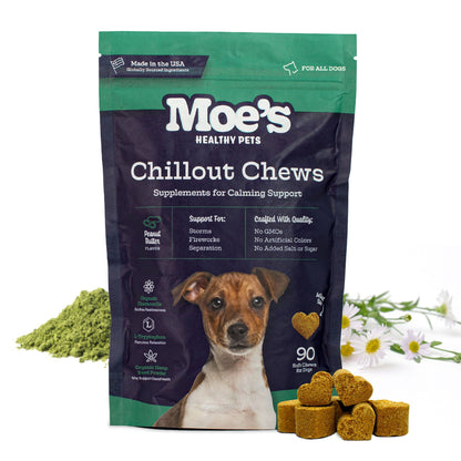 Package of Moe's Healthy Pets Chillout Chews with a dog on the packaging.
