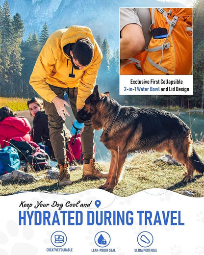 Person with a dog in a camping setting, with text about a water bowl and lid design.