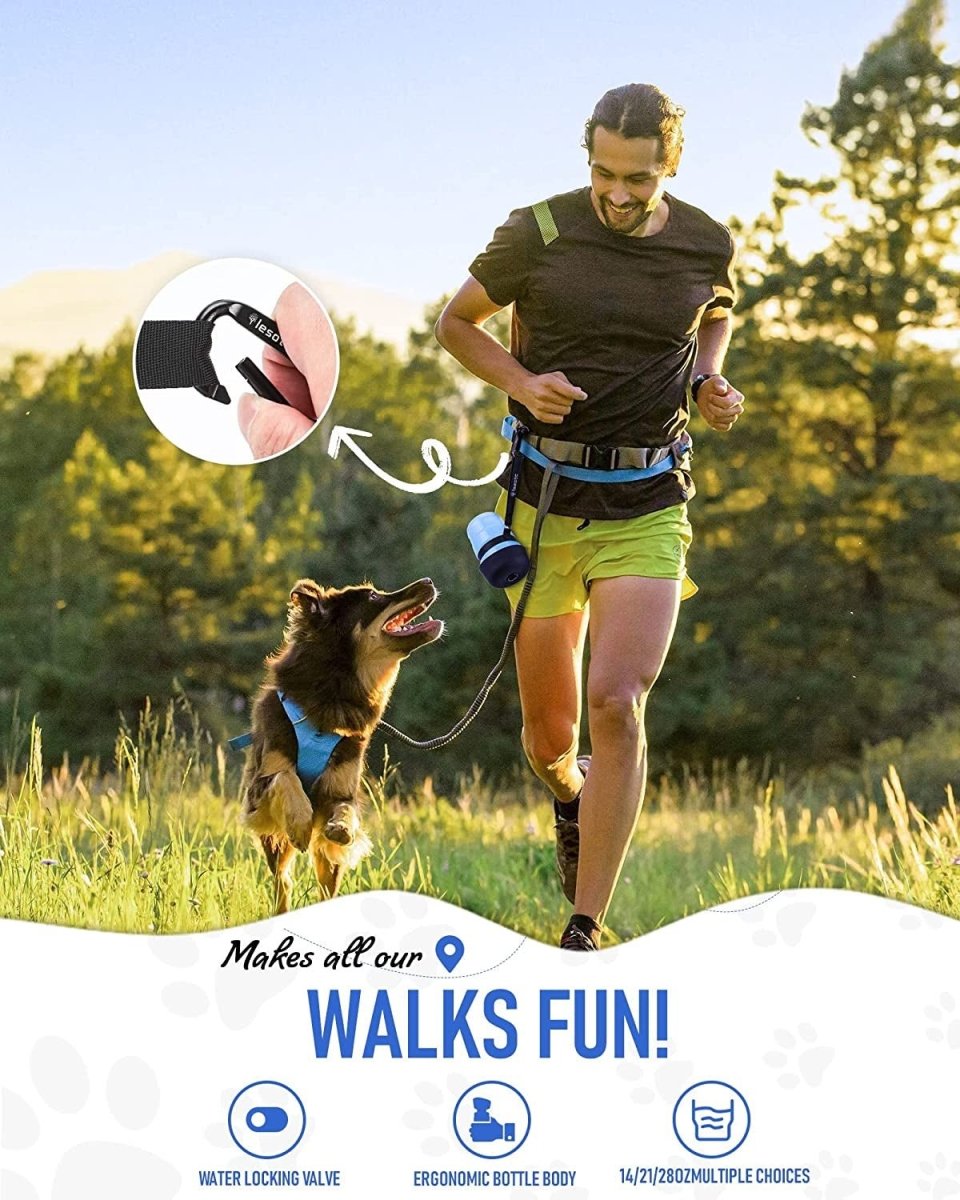 Man running with a dog in a field, promoting a product for fun walks.