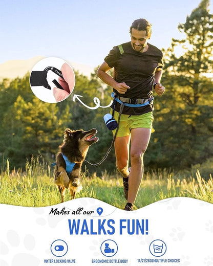 Man running with a dog in a field, promoting a product for fun walks.
