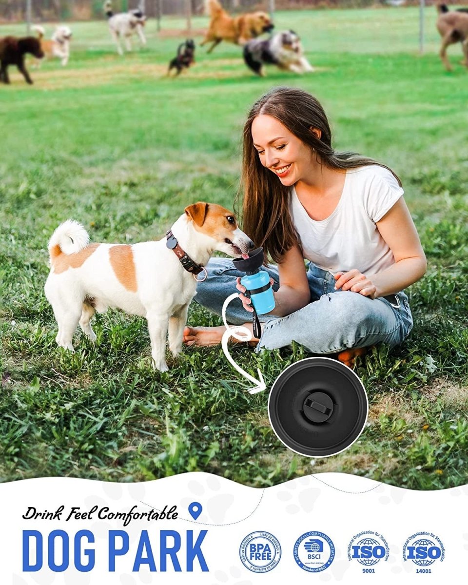 Woman sitting on grass with a dog, both holding a water bottle, with 'Dog Park' branding at the bottom.