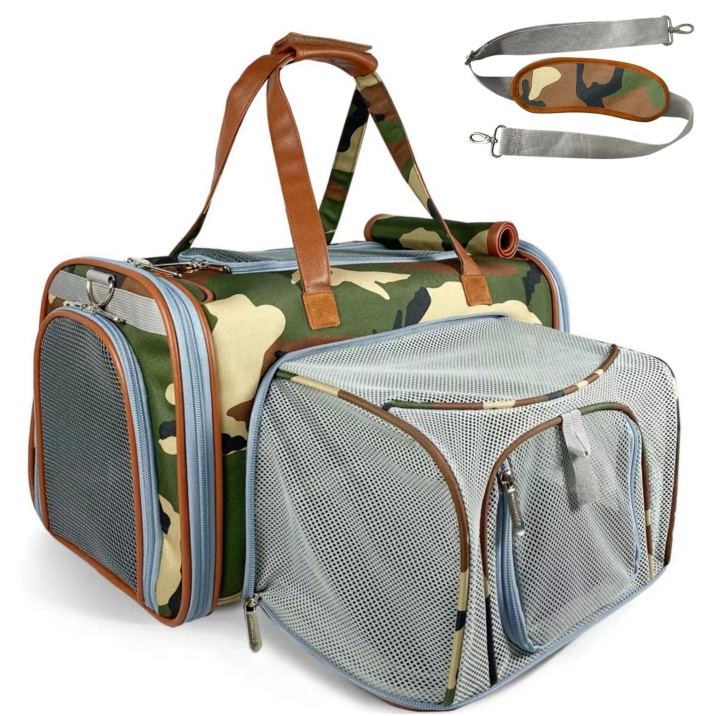 Pet carrier with camouflage design and additional strap on a white background