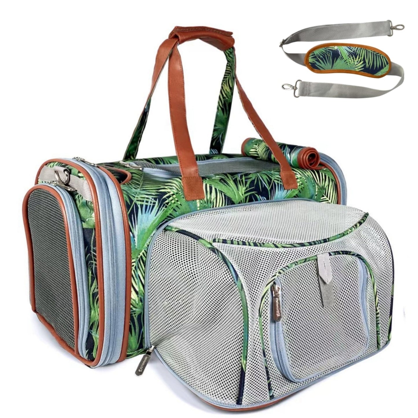 Pet carrier with tropical leaf pattern and detachable straps on a white background