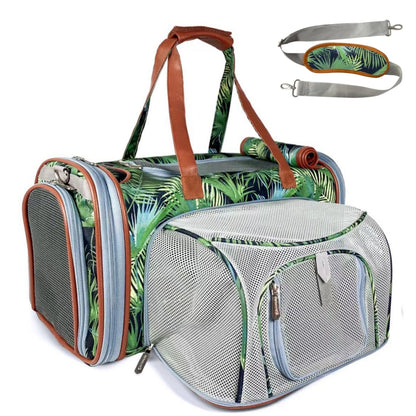 Pet carrier with tropical leaf pattern and detachable straps on a white background