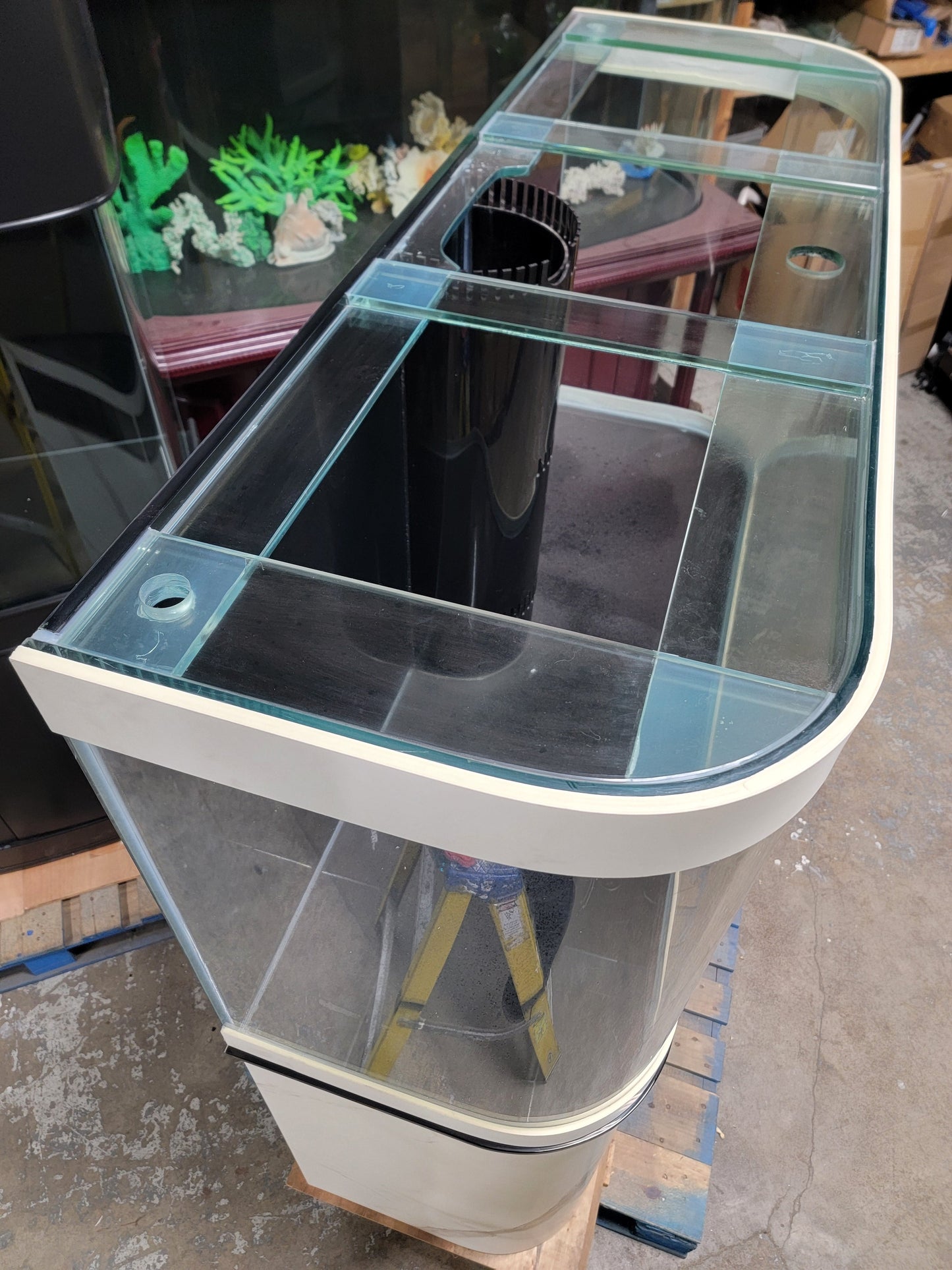 Clear fish tank on a pallet with a blurred background