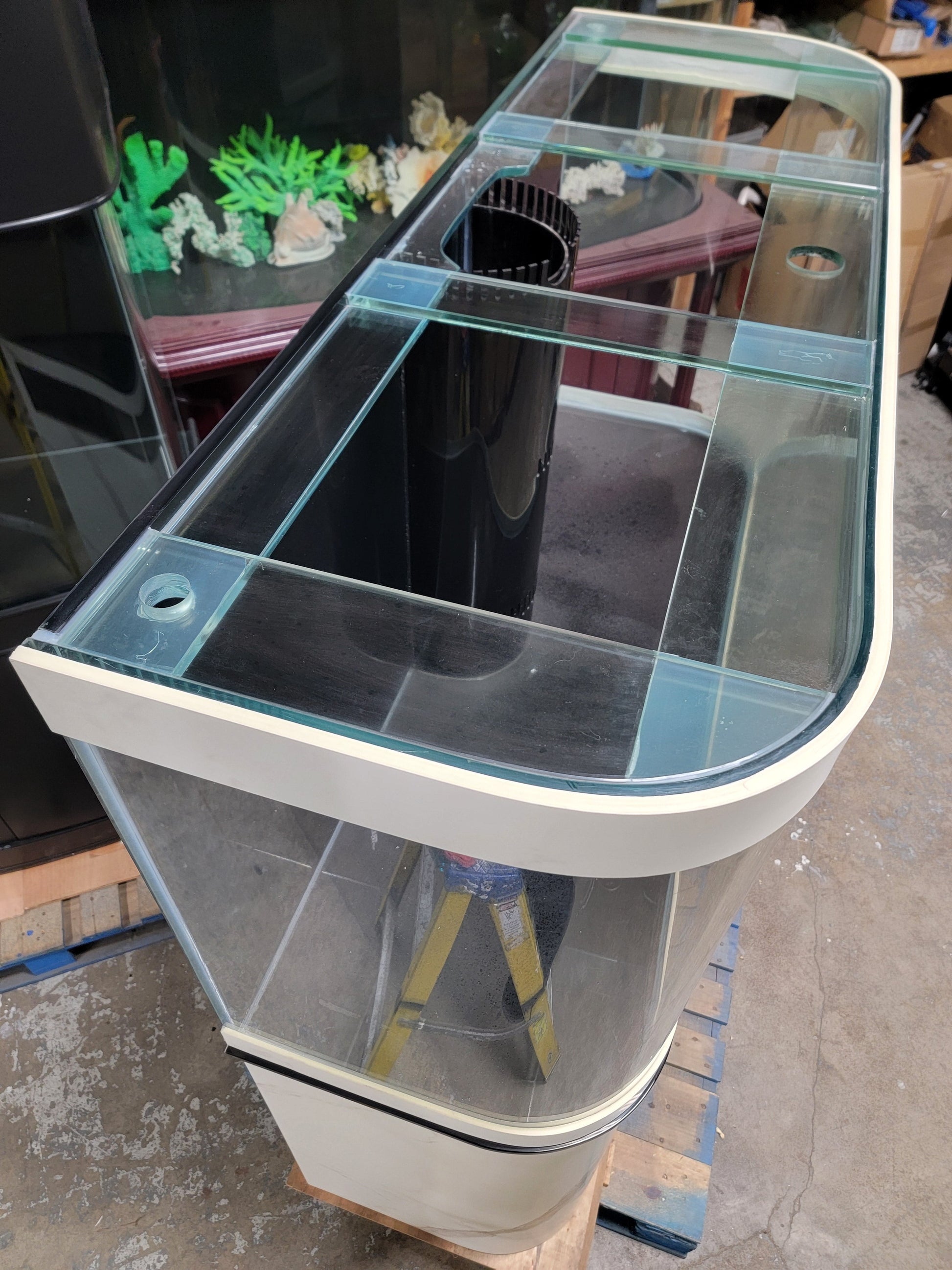 Clear fish tank on a pallet with a blurred background
