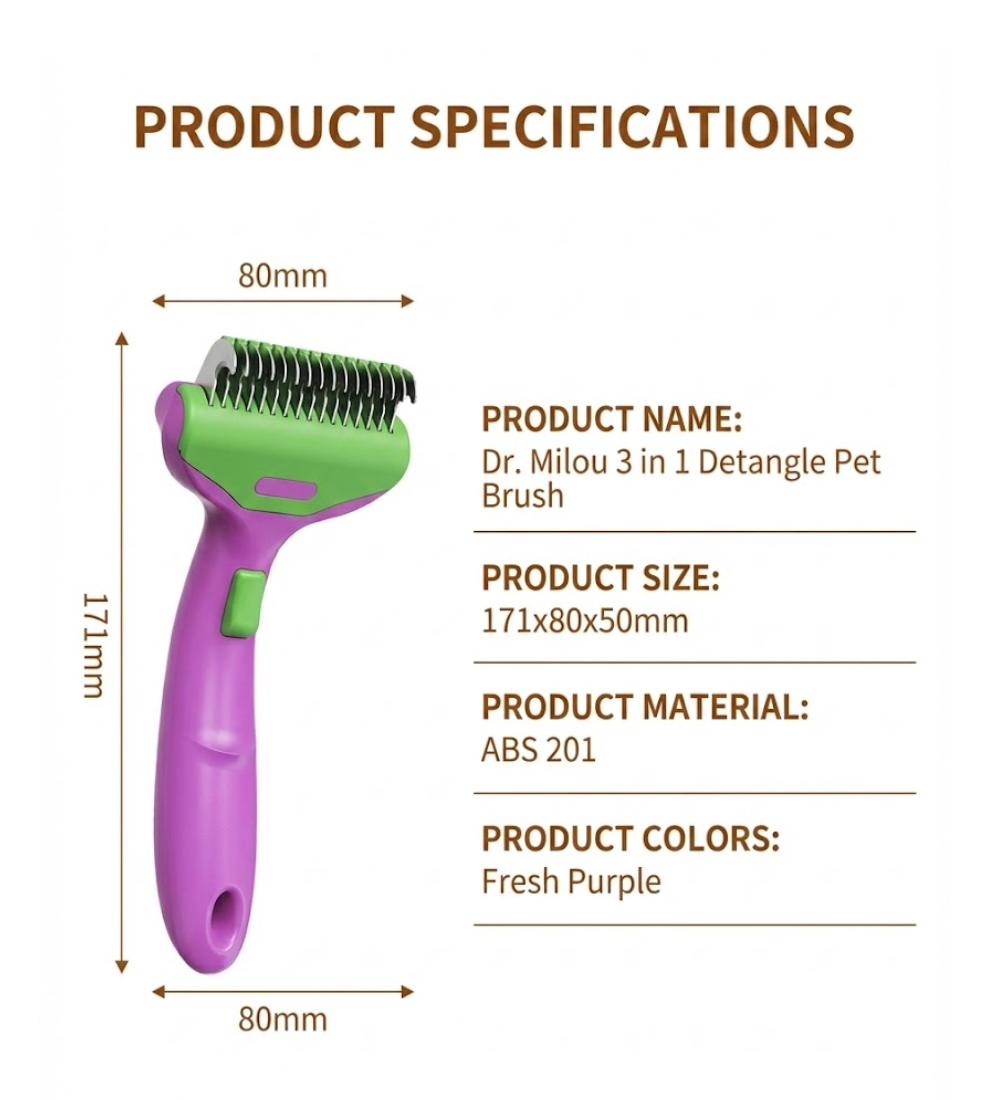 Pet grooming brush with dimensions and specifications on a white background