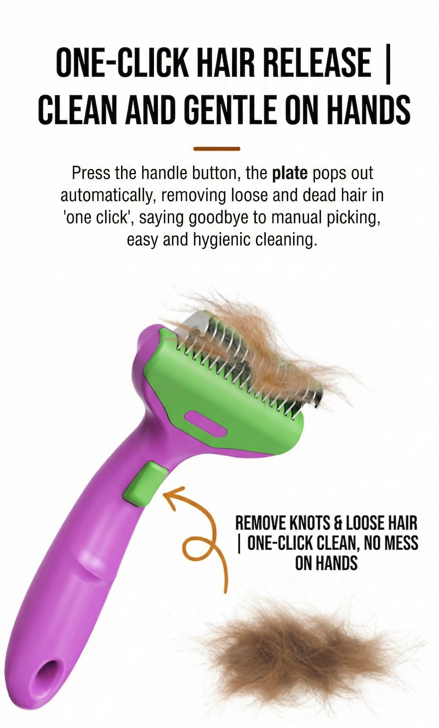 Pet grooming brush with one-click hair release mechanism on a white background