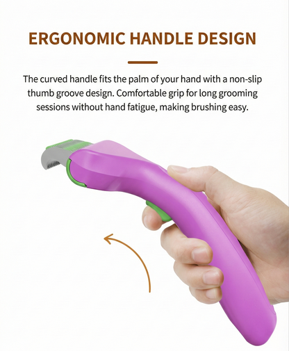 Purple grooming tool handle with ergonomic design, held by a hand on a white background.