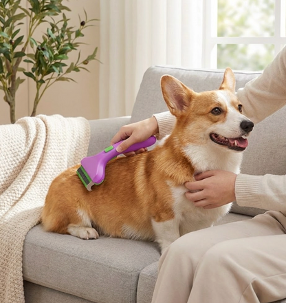 Person grooming a corgi dog with a brush on a couch