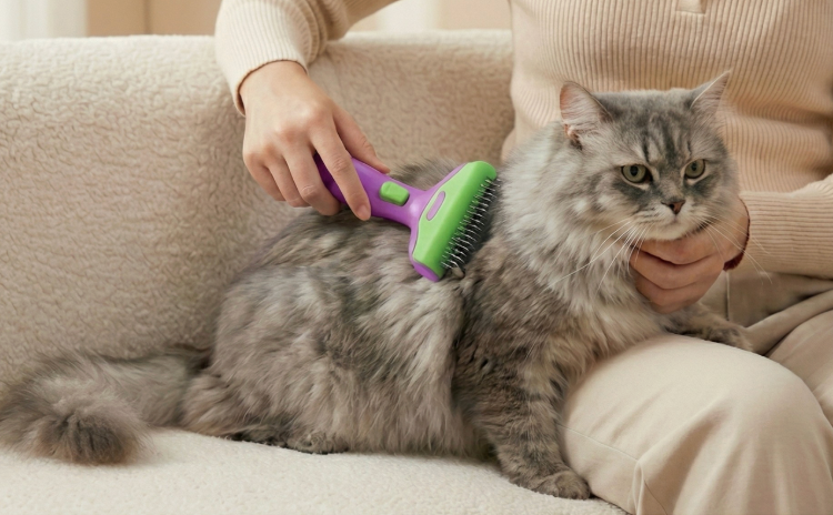 Person grooming a gray cat with a green and purple brush on a beige couch.