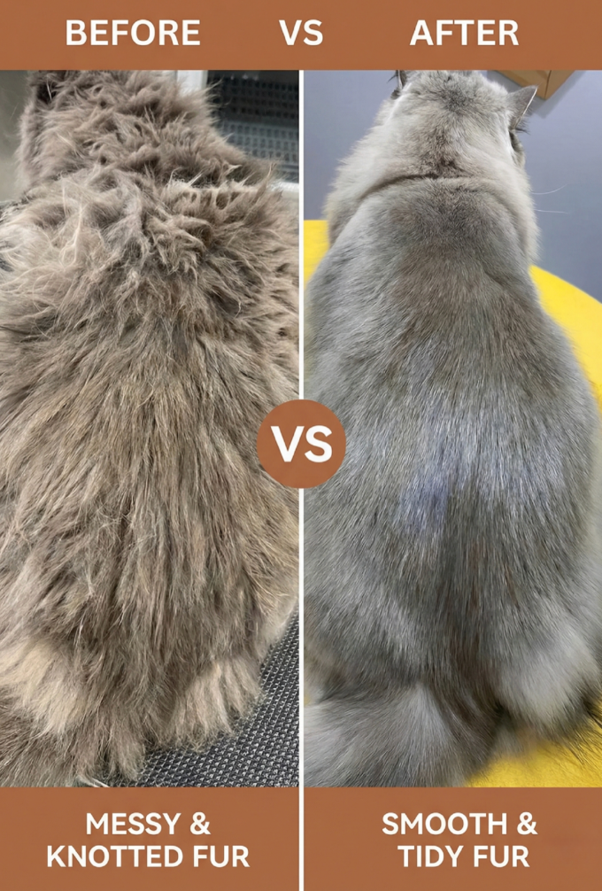 Comparison of a cat's fur before and after grooming, with 'Before' showing messy and knotted fur and 'After' showing smooth and tidy fur.
