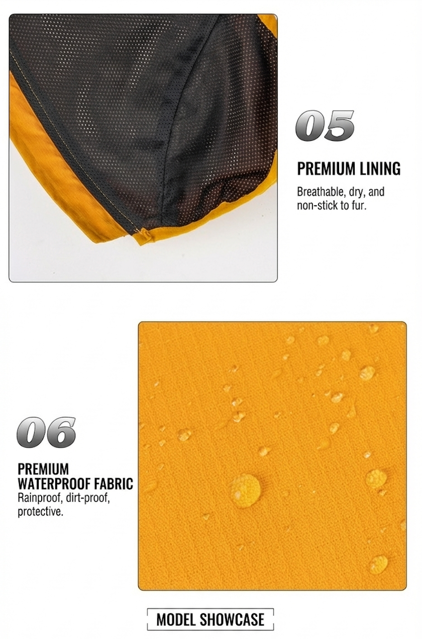 Text description of premium lining and waterproof fabric on a product, with close-up of yellow fabric showing water droplets.