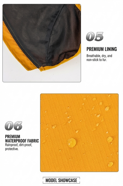Text description of premium lining and waterproof fabric on a product, with close-up of yellow fabric showing water droplets.