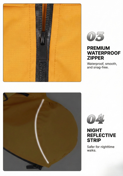 Close-up of a yellow jacket with a black zipper and reflective strip on a gray background.