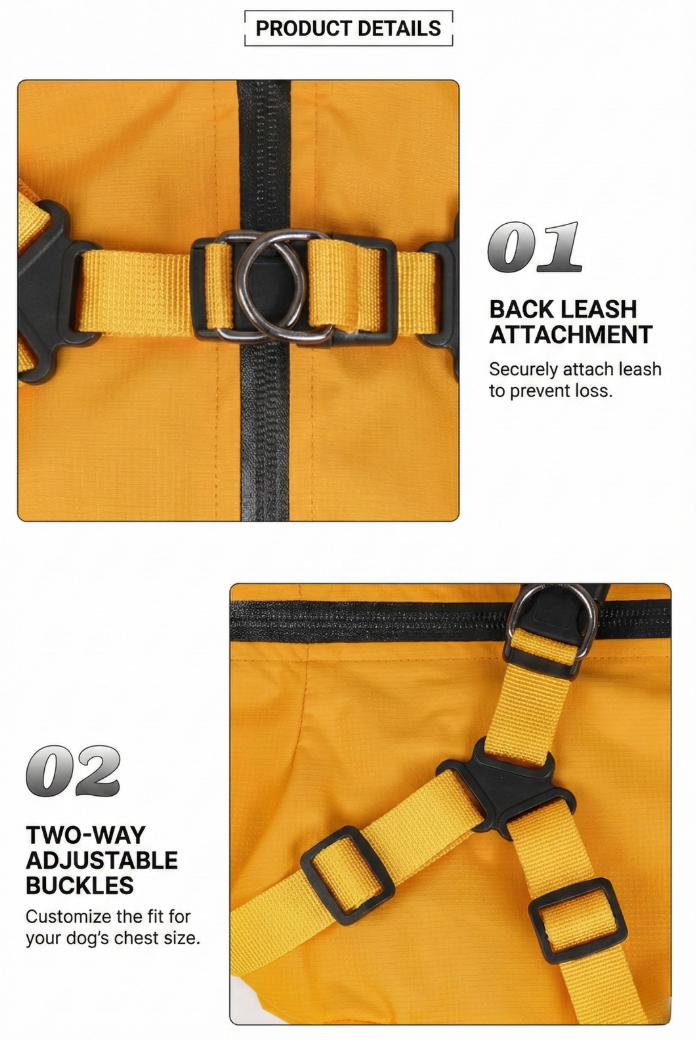 Yellow dog harness with black straps and buckles on a white background, featuring product details.