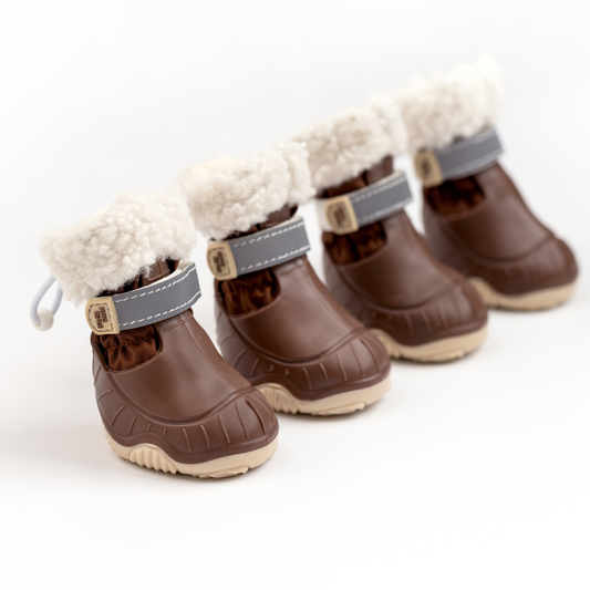 Set of four brown pet boots with white fur lining on a white background