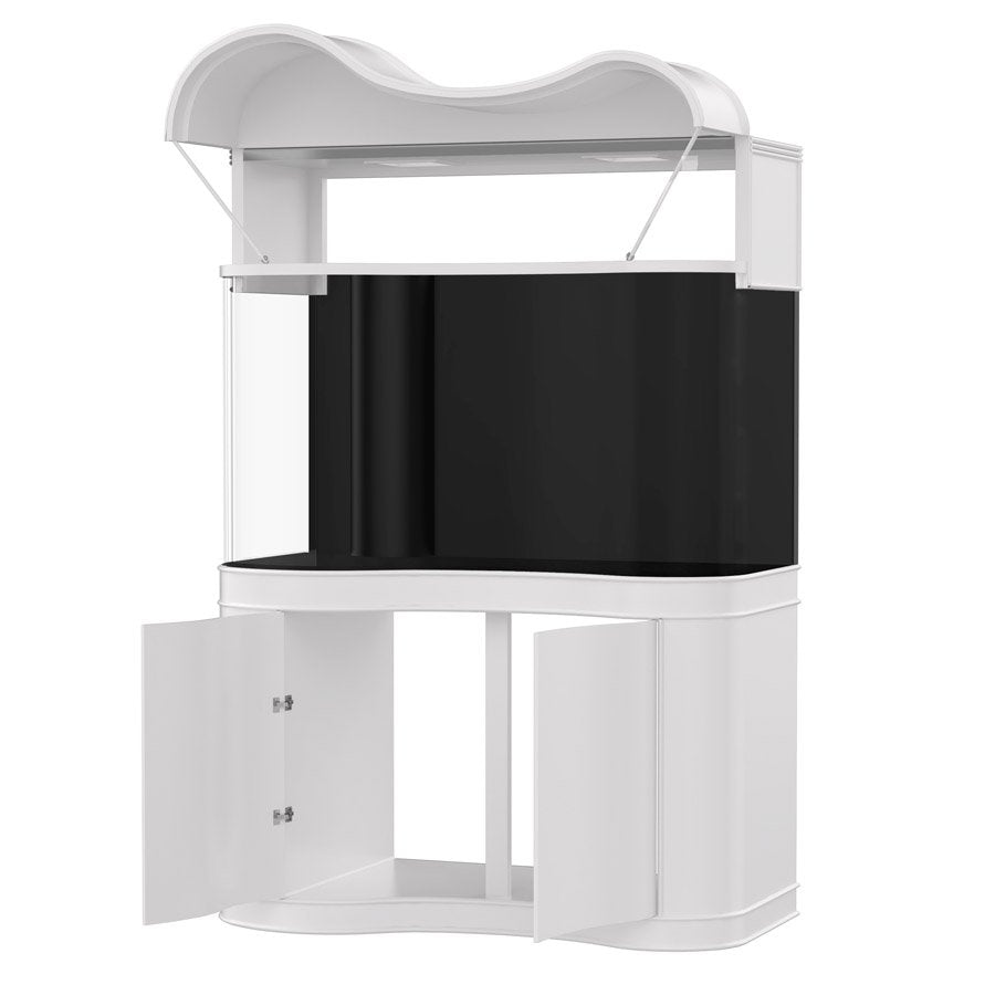White corner cabinet with black storage bin on a white background