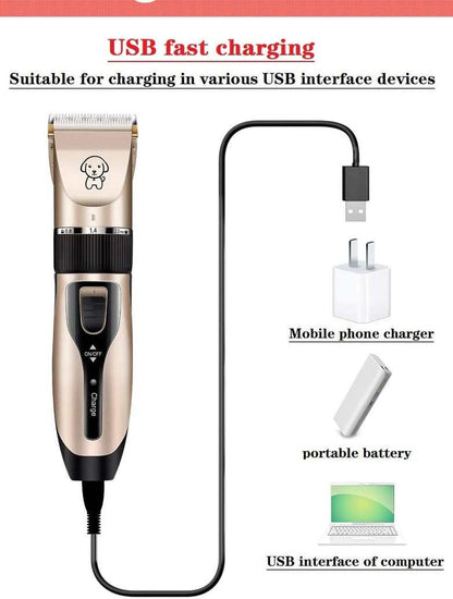 Hair trimmer with USB charging cable and compatibility icons on a white background