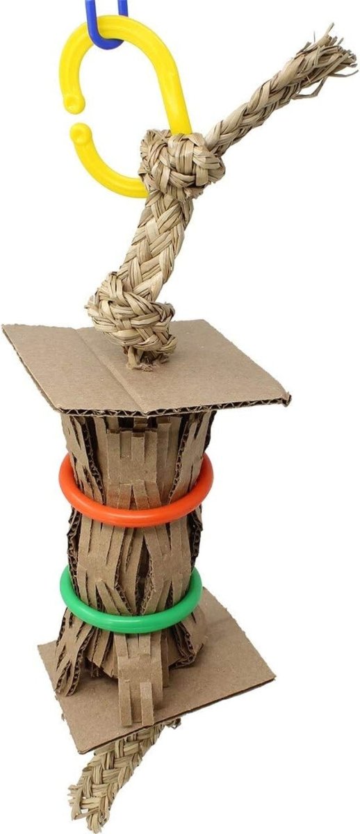Toy with cardboard base, rope, and colorful rings on a white background