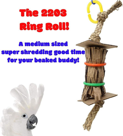 Bird toy with text describing it as a 'medium sized super shredding good time for your beaked buddy' on a white background.