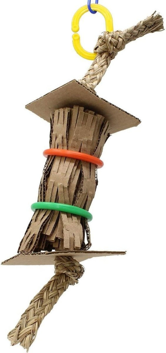 Bird toy with cardboard pieces, rope, and colorful rings on a white background