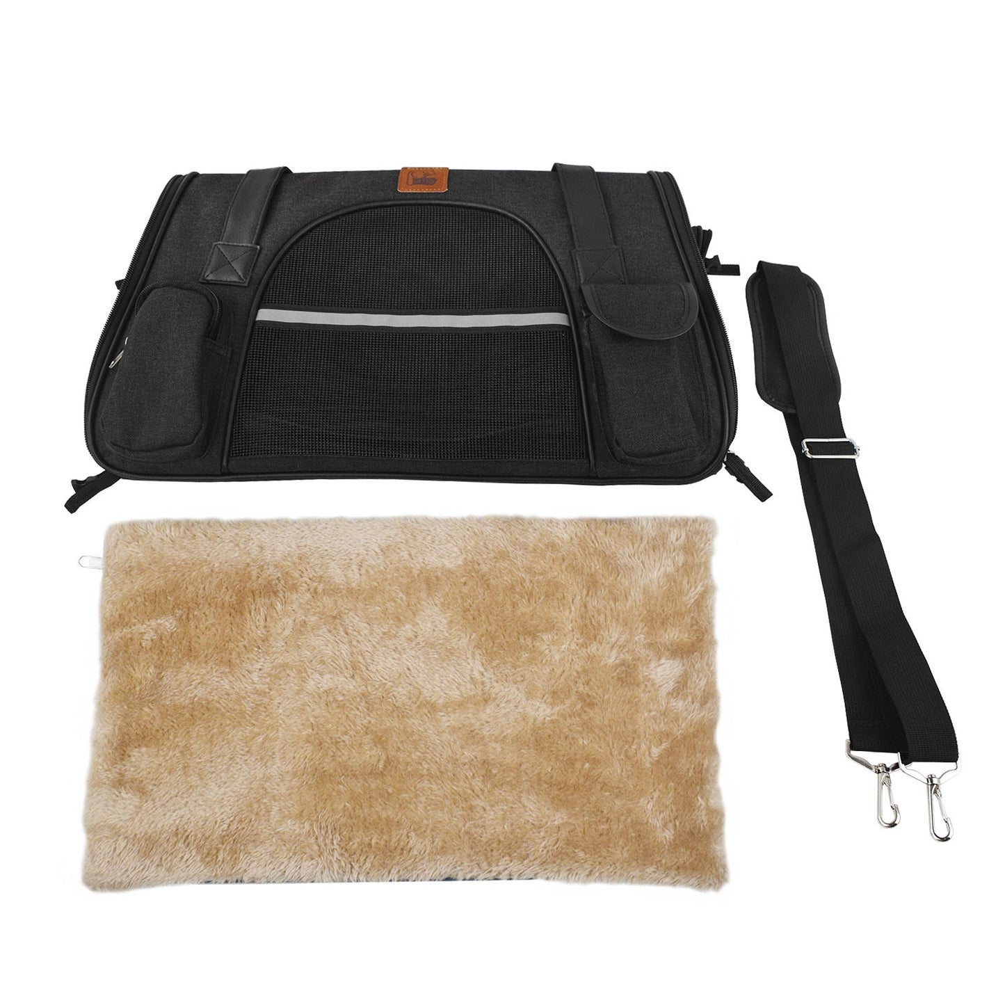 Black pet carrier with a beige blanket on a white background