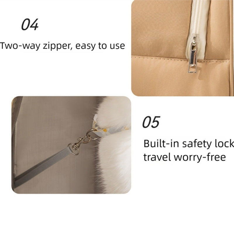 Two-way zipper feature and built-in safety lock on a beige bag with text indicating ease of use and travel security.