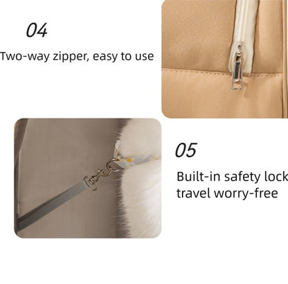 Two-way zipper feature and built-in safety lock on a beige bag with text indicating ease of use and travel security.