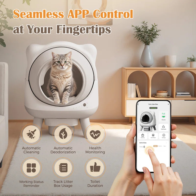 Pet litter box with smartphone app control in a home setting