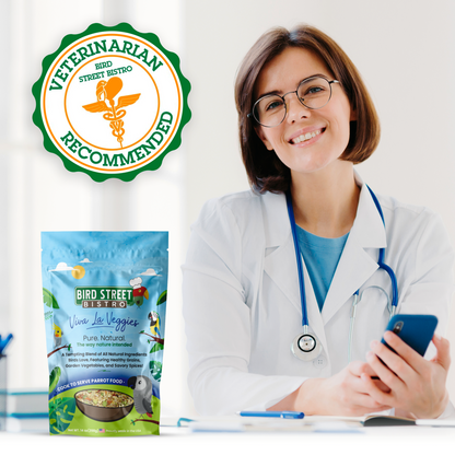 Veterinarian in a white coat with a stethoscope, holding a phone, next to a package of Bird Street Bistro pet food.