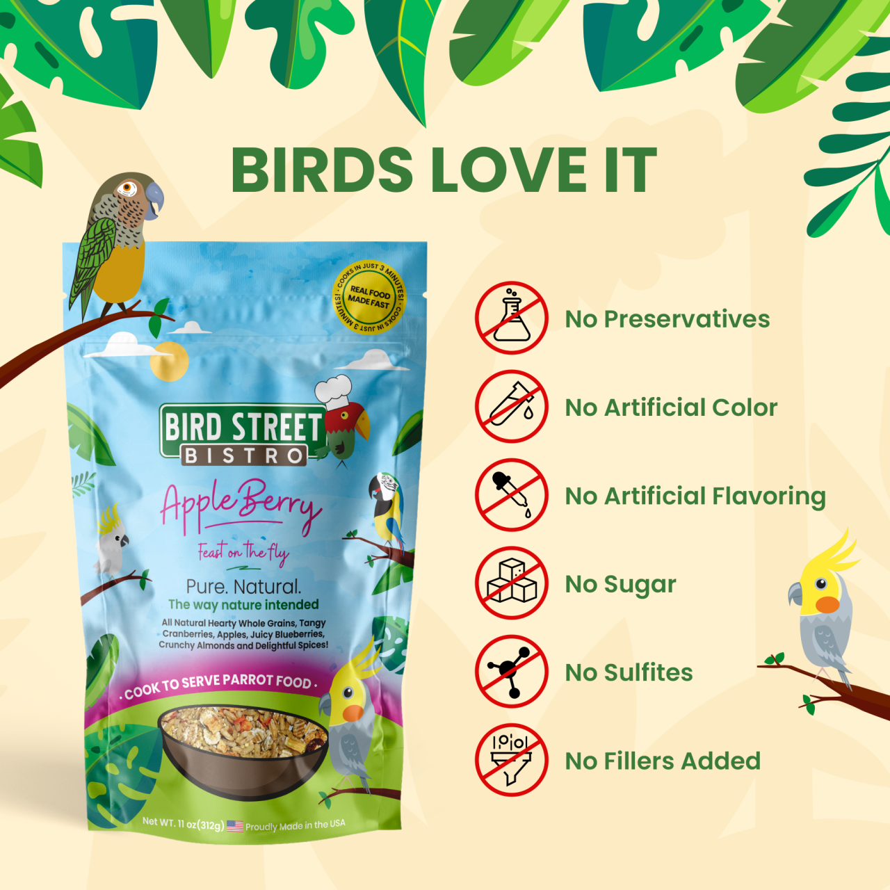 Bird Street Bistro Apple Berry bird food package with leafy green background