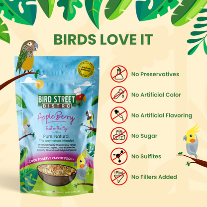 Bird Street Bistro Apple Berry bird food package with leafy green background