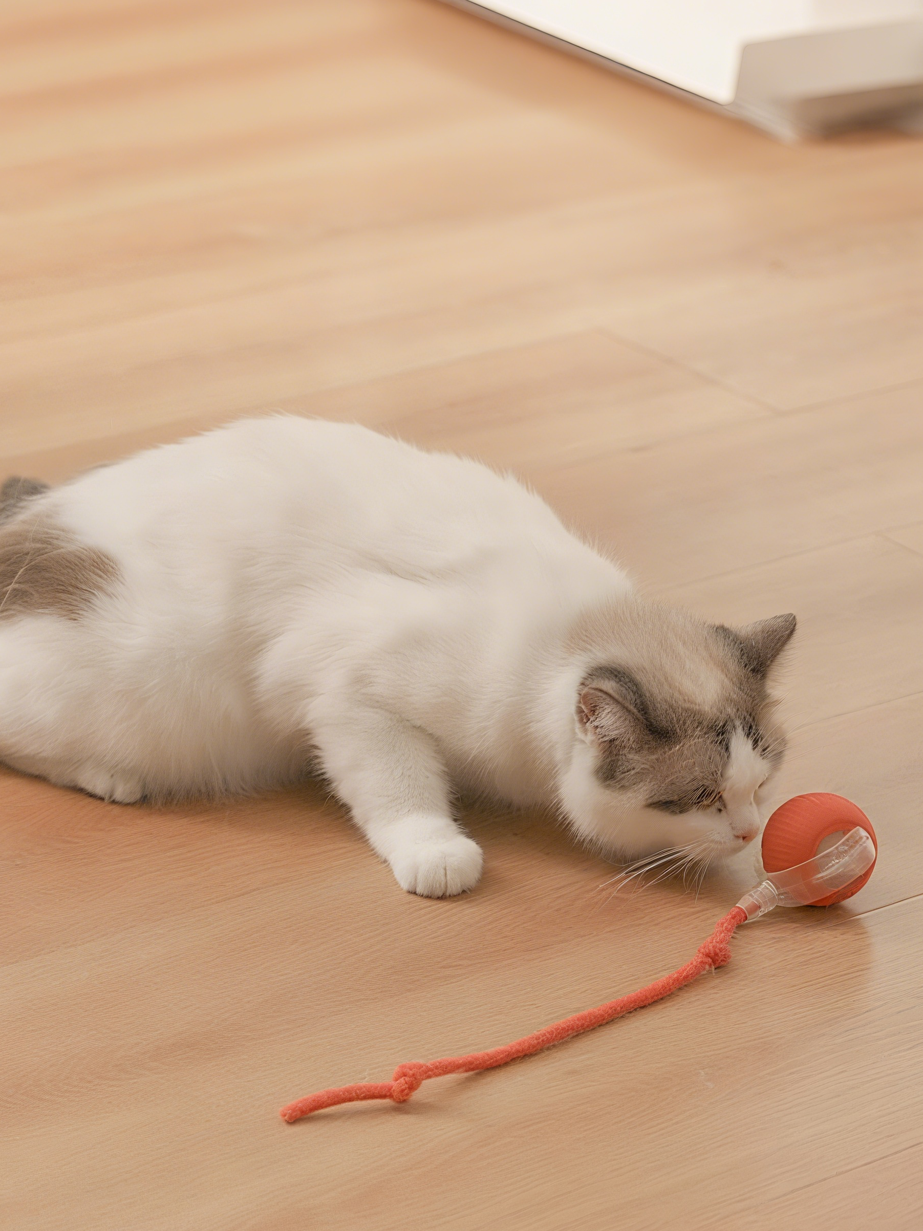 Cat playing with a red toy on a wooden floor