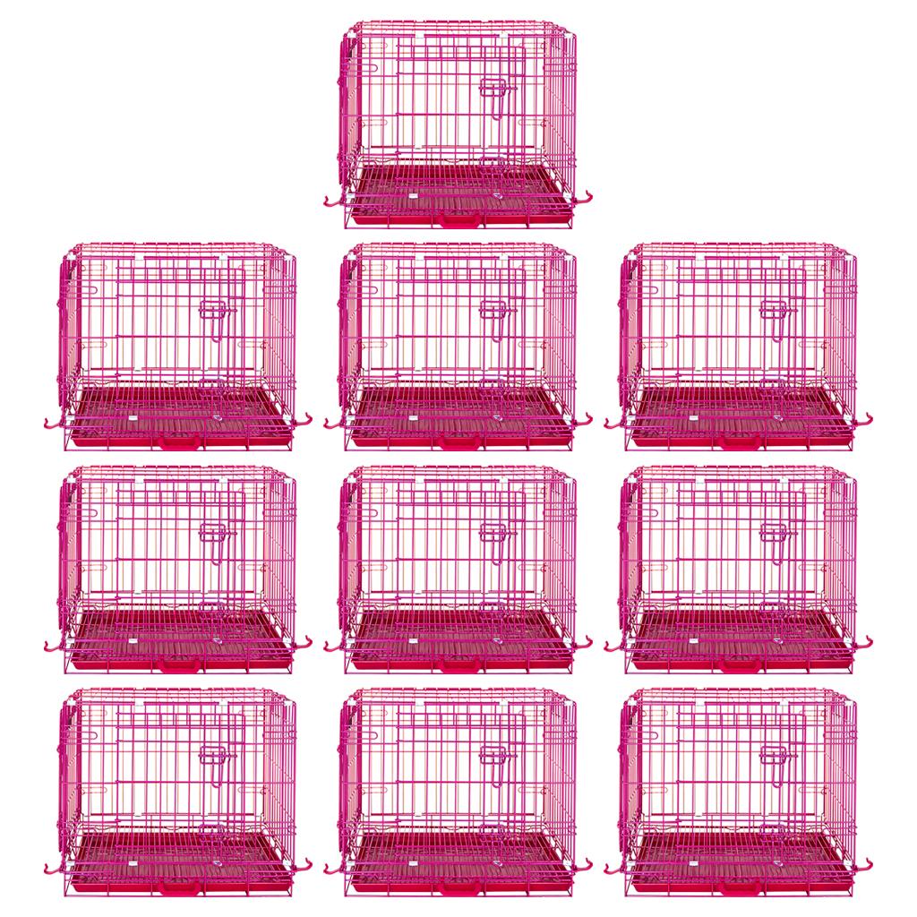 Nine pink pet crates arranged in a 3x3 grid on a white background.
