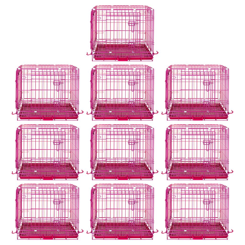 Nine pink pet crates arranged in a 3x3 grid on a white background.