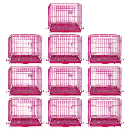 Nine pink pet crates arranged in a 3x3 grid on a white background.