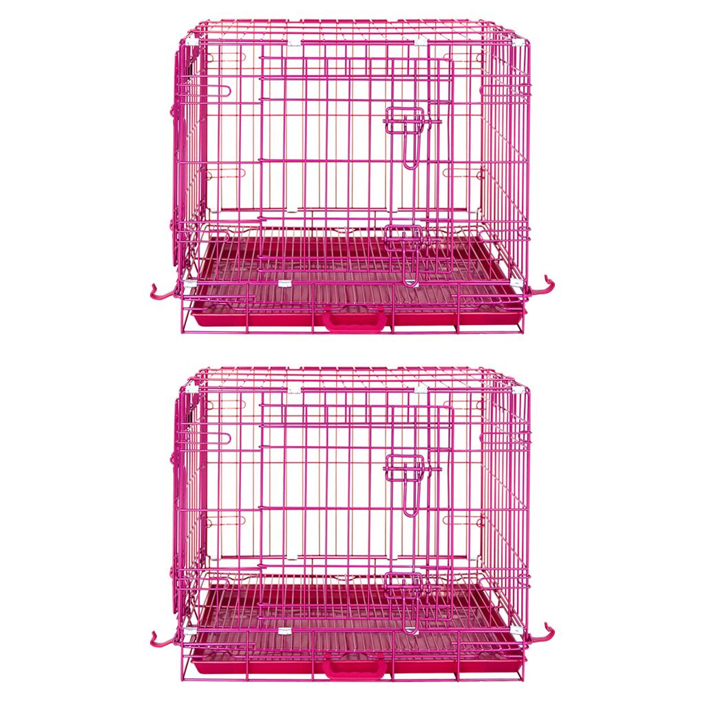 Two pink metal dog crates on a white background