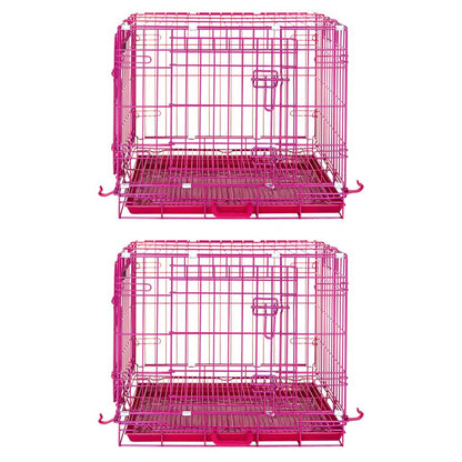Two pink metal dog crates on a white background