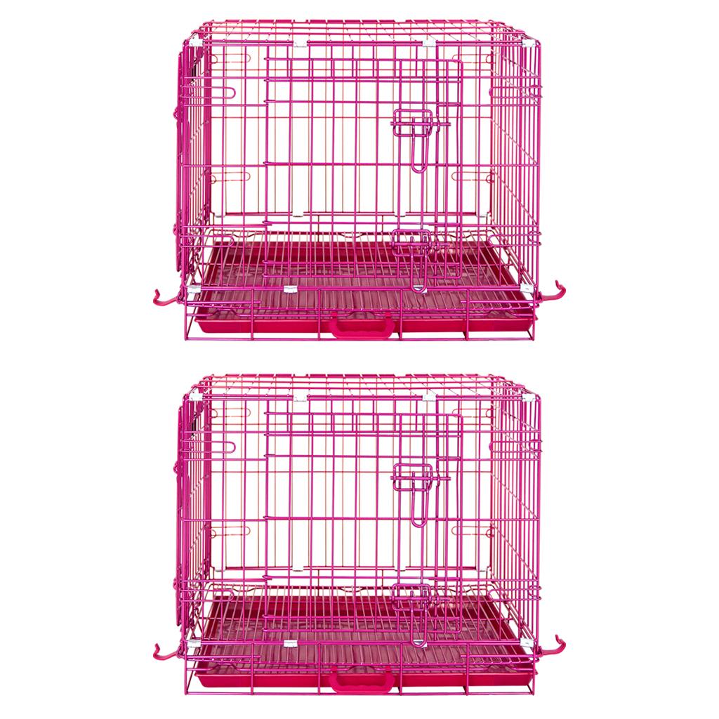 Two pink metal dog crates on a white background