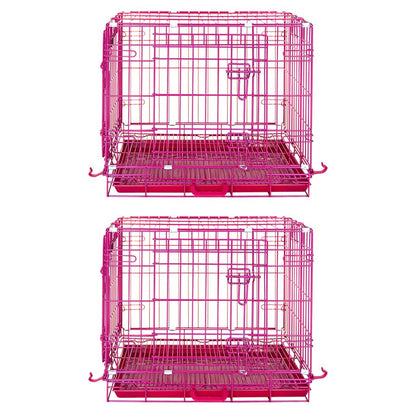 Two pink metal dog crates on a white background