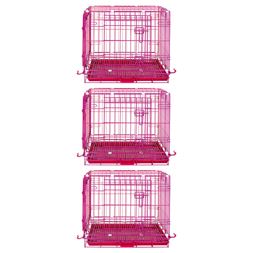 Three pink metal pet crates stacked on a white background