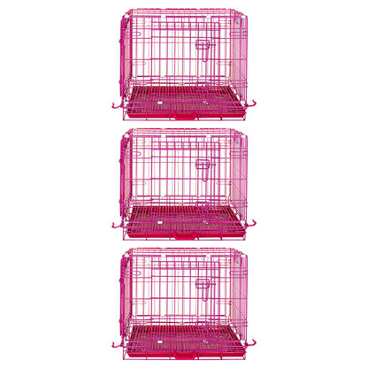 Three pink metal pet crates stacked on a white background
